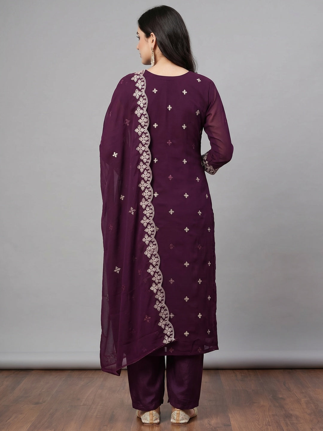 Purple Floral Embroidered Georgette Dress Material - Image 3