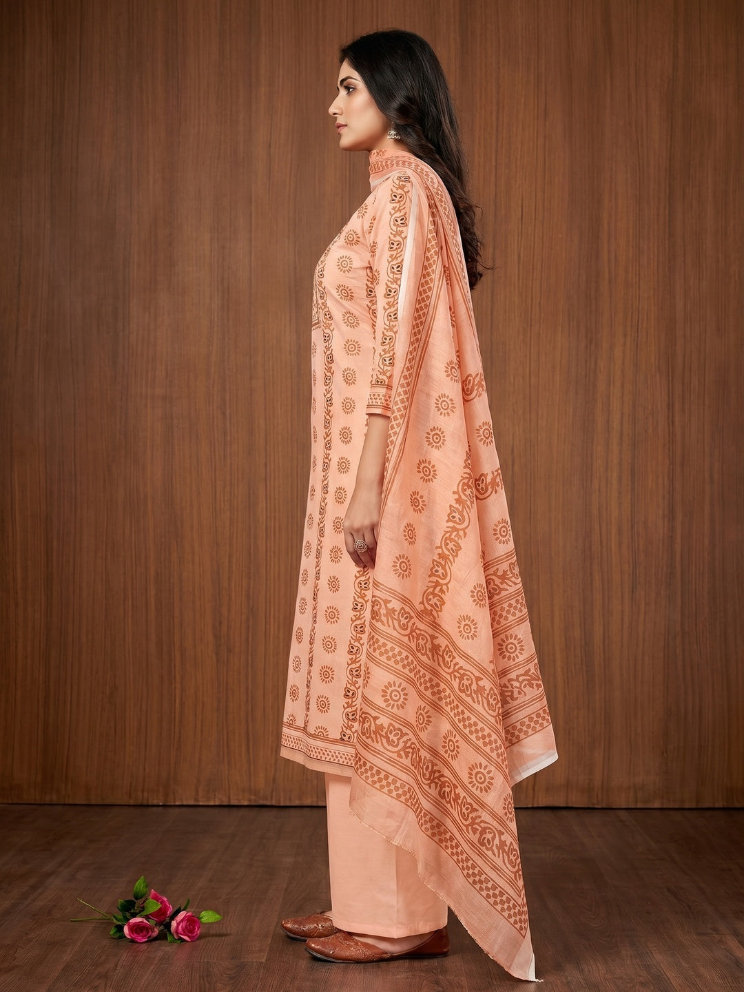 Peach Floral Printed Cotton Blend Dress Material - Image 2
