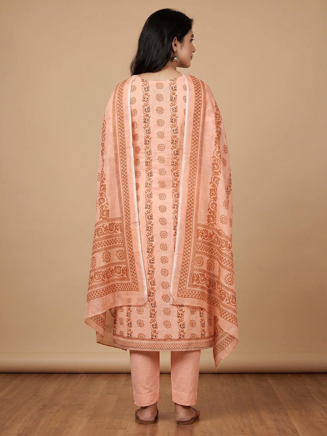 Peach Floral Printed Cotton Blend Dress Material - Image 3