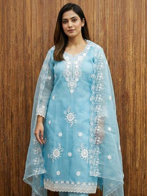 Blue Floral Embroidered Organza Dress Material - Image 1