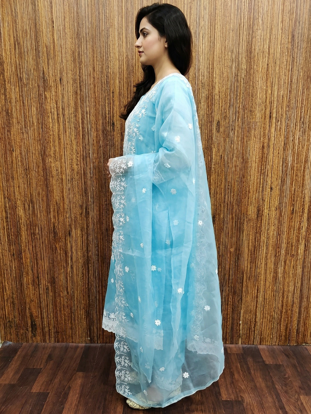 Blue Floral Embroidered Organza Dress Material - Image 2