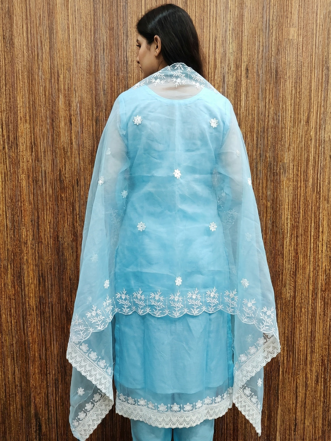 Blue Floral Embroidered Organza Dress Material - Image 3