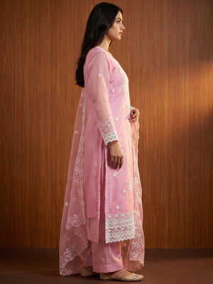 Pink Floral Embroidered Organza Dress Material - Image 1