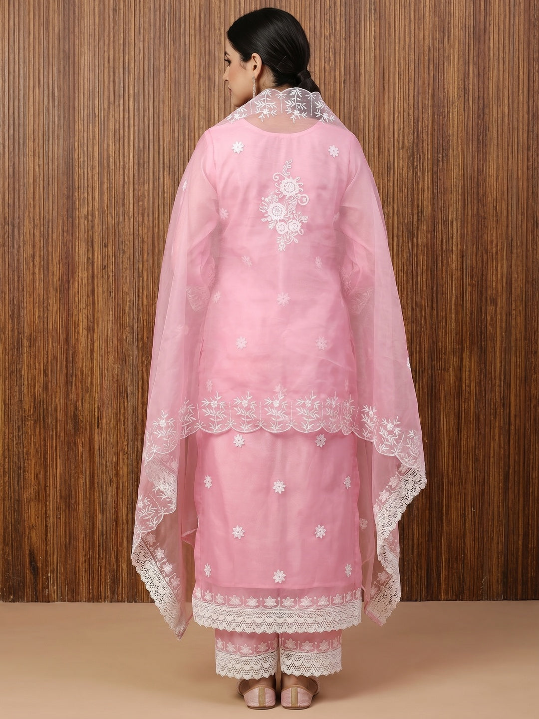 Pink Floral Embroidered Organza Dress Material - Image 2