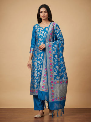 Blue Floral Woven Banarasi Silk Dress Material - Image 1