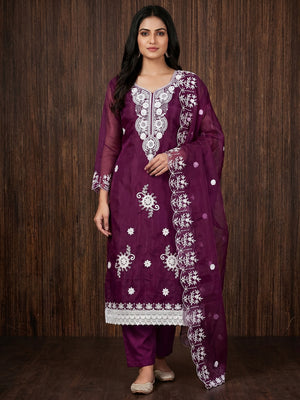 Purple Floral Embroidered Organza Dress Material - Image 1