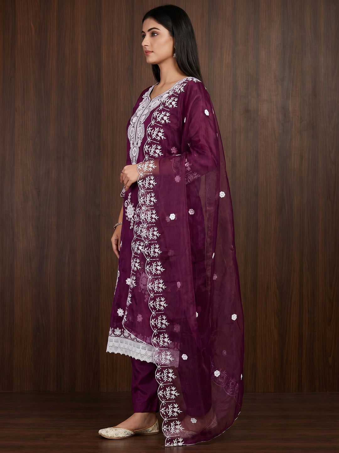 Purple Floral Embroidered Organza Dress Material - Image 2