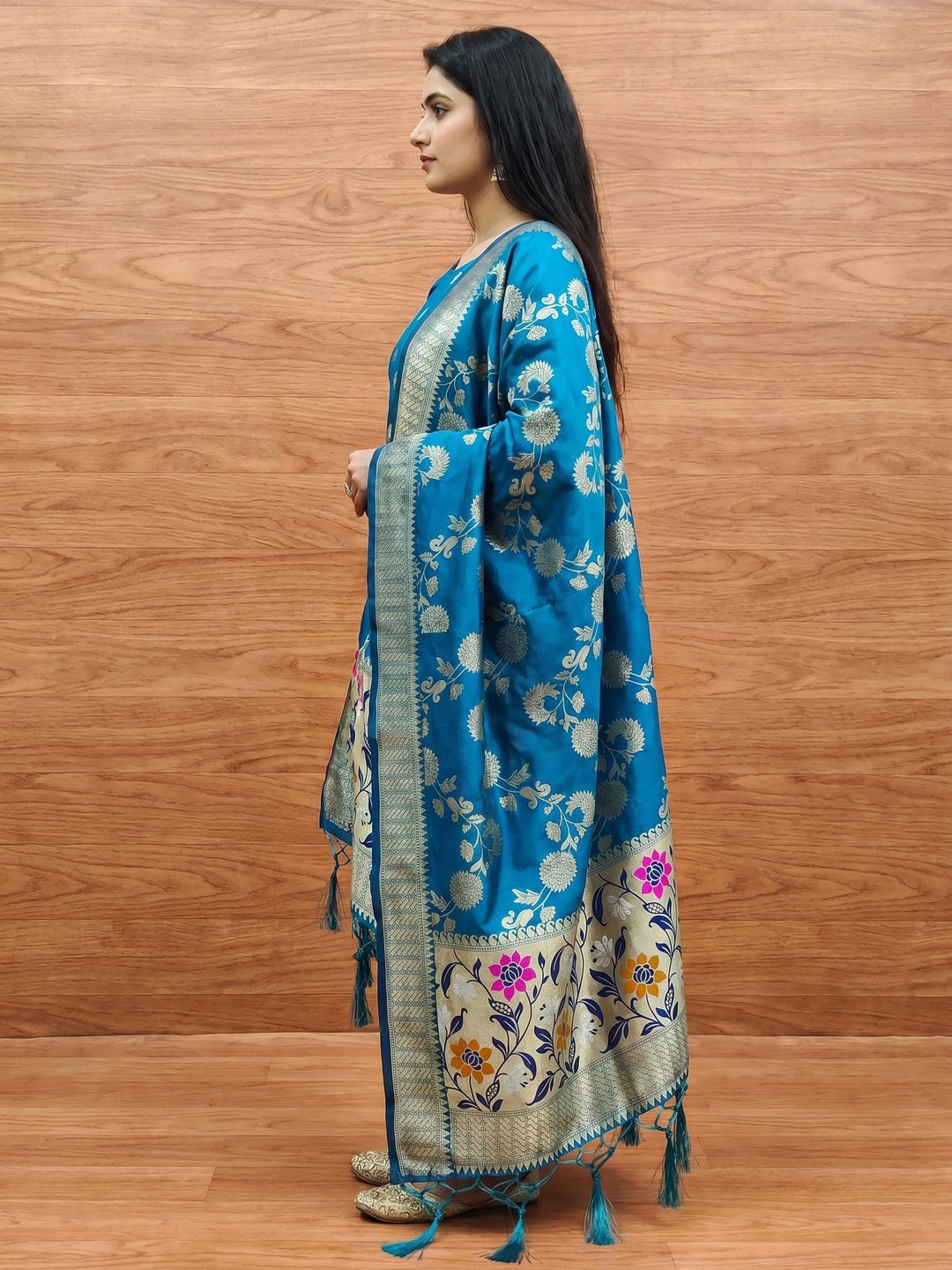 Blue Floral Woven Banarasi Silk Dress Material - Image 2