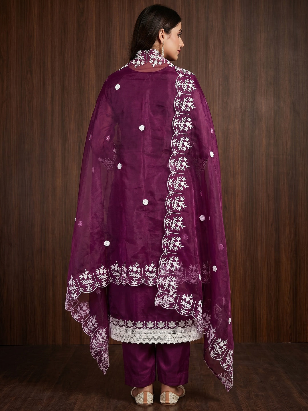 Purple Floral Embroidered Organza Dress Material - Image 3