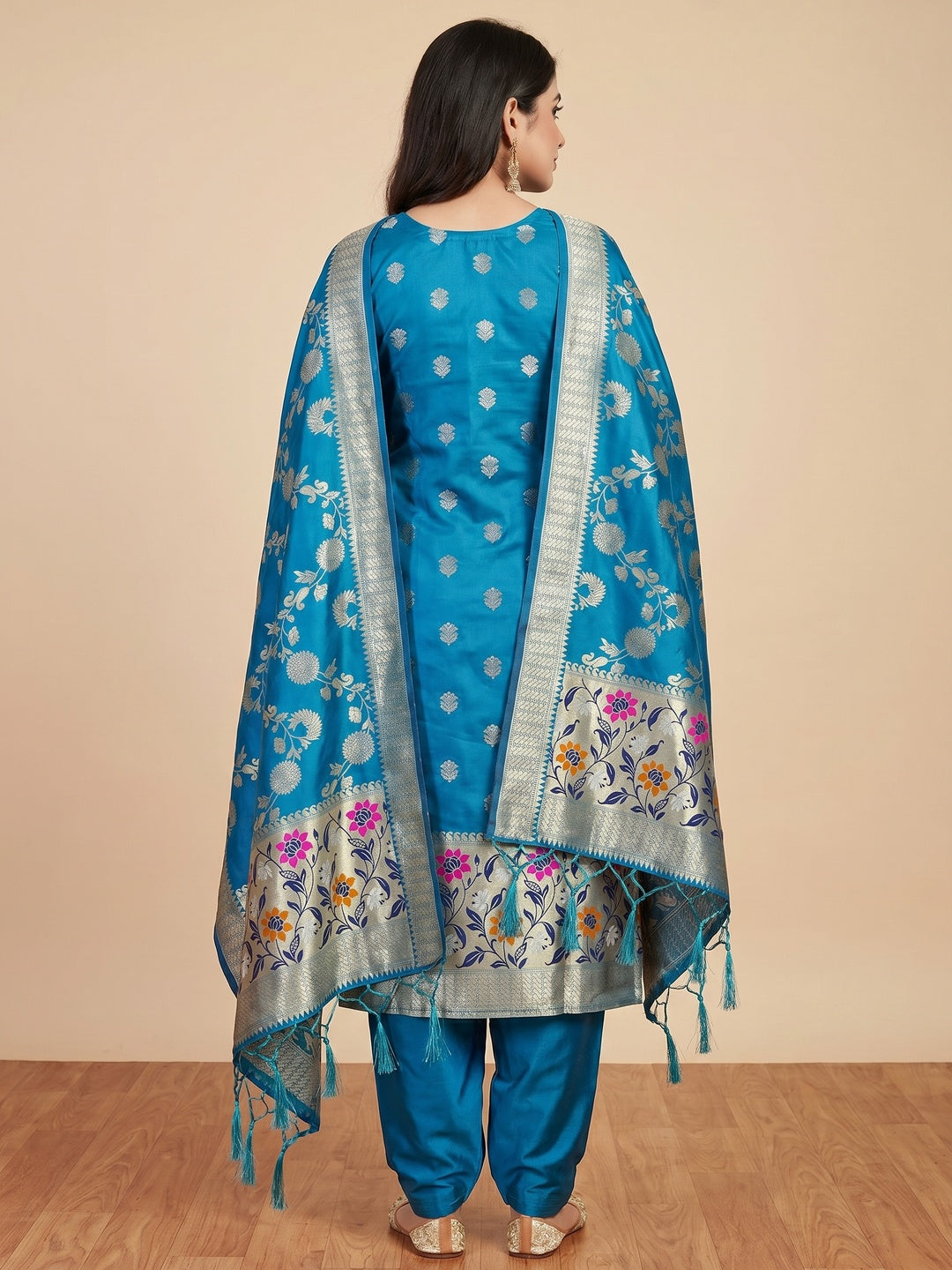 Blue Floral Woven Banarasi Silk Dress Material - Image 3