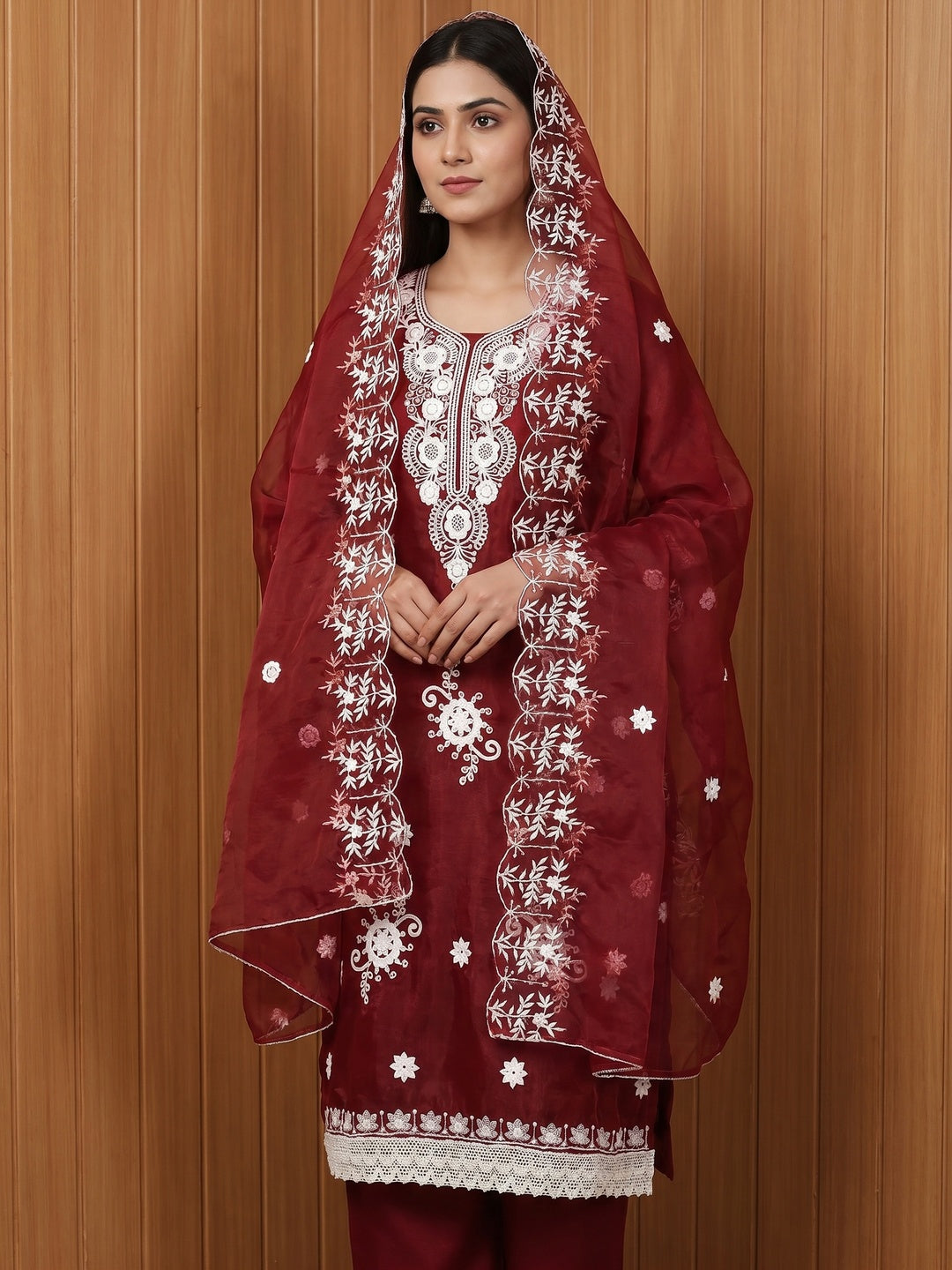 Maroon Floral Embroidered Organza Dress Material - Image 1