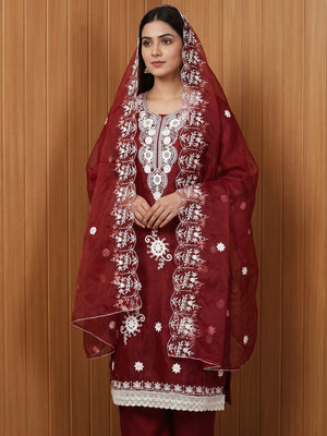 Maroon Floral Embroidered Organza Dress Material - Image 1