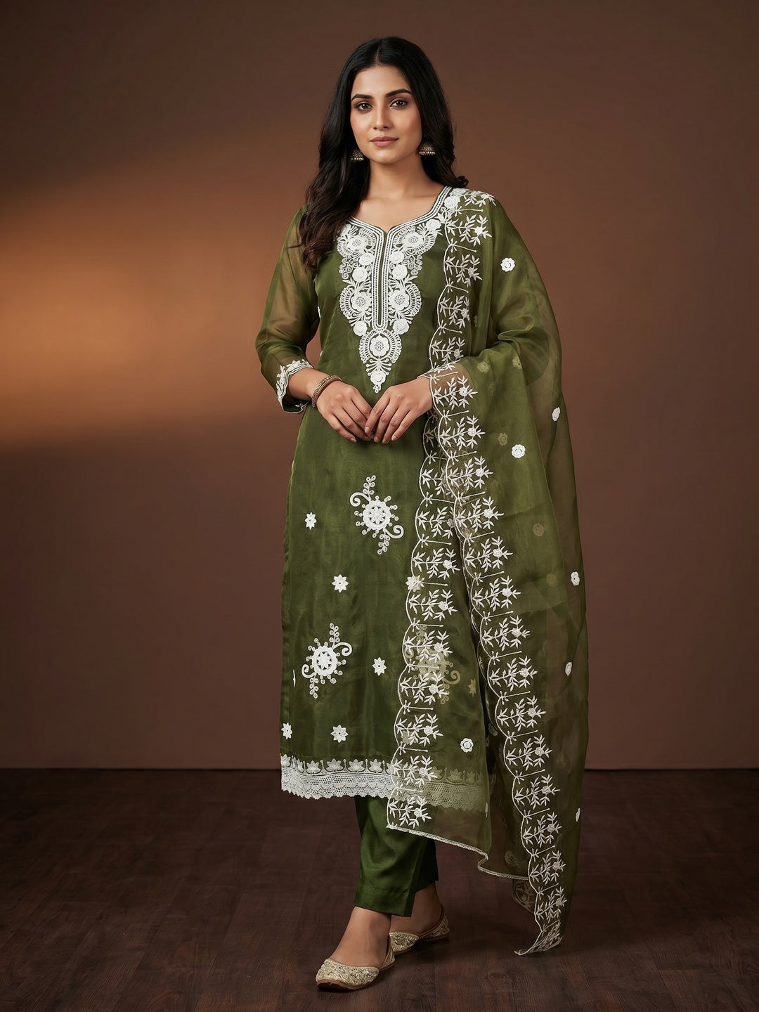Mehendi Green Floral Embroidered Organza Dress Material - Image 1