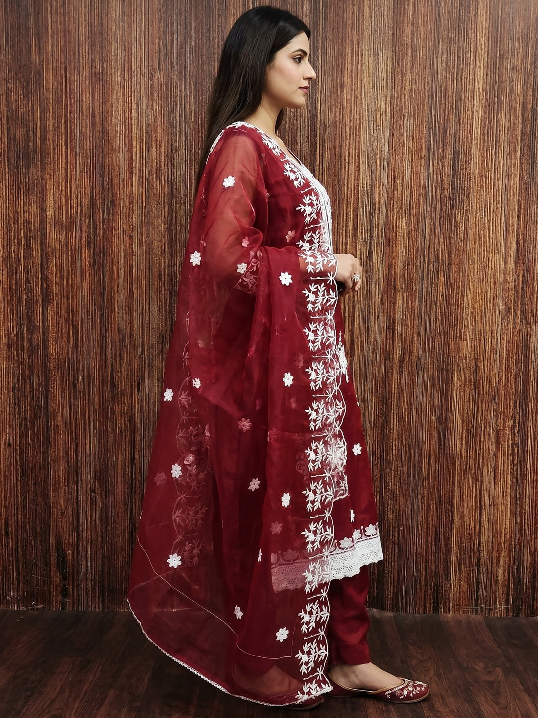 Maroon Floral Embroidered Organza Dress Material - Image 3