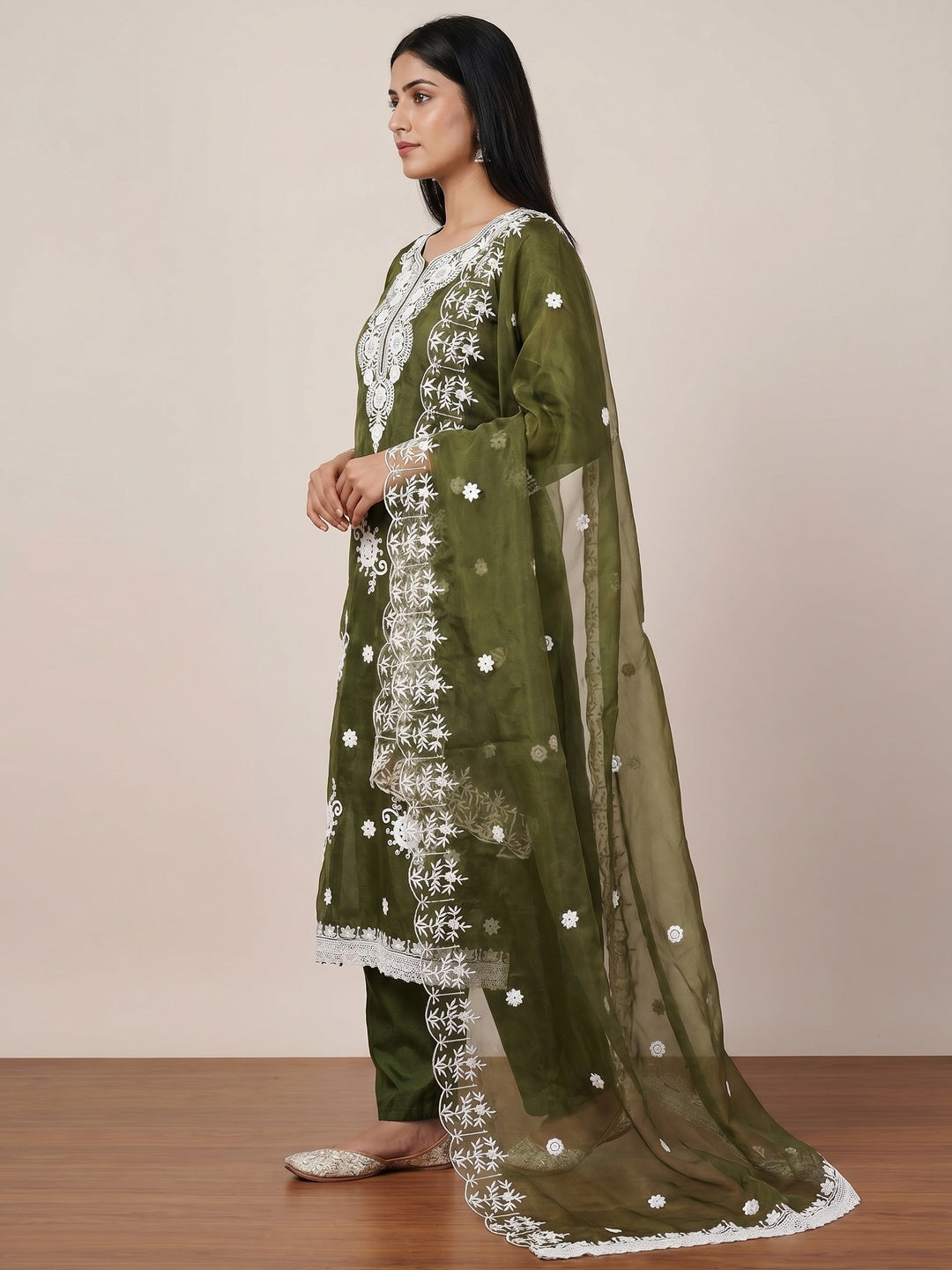 Mehendi Green Floral Embroidered Organza Dress Material - Image 2