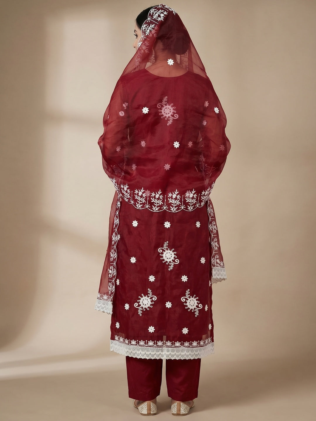 Maroon Floral Embroidered Organza Dress Material - Image 2