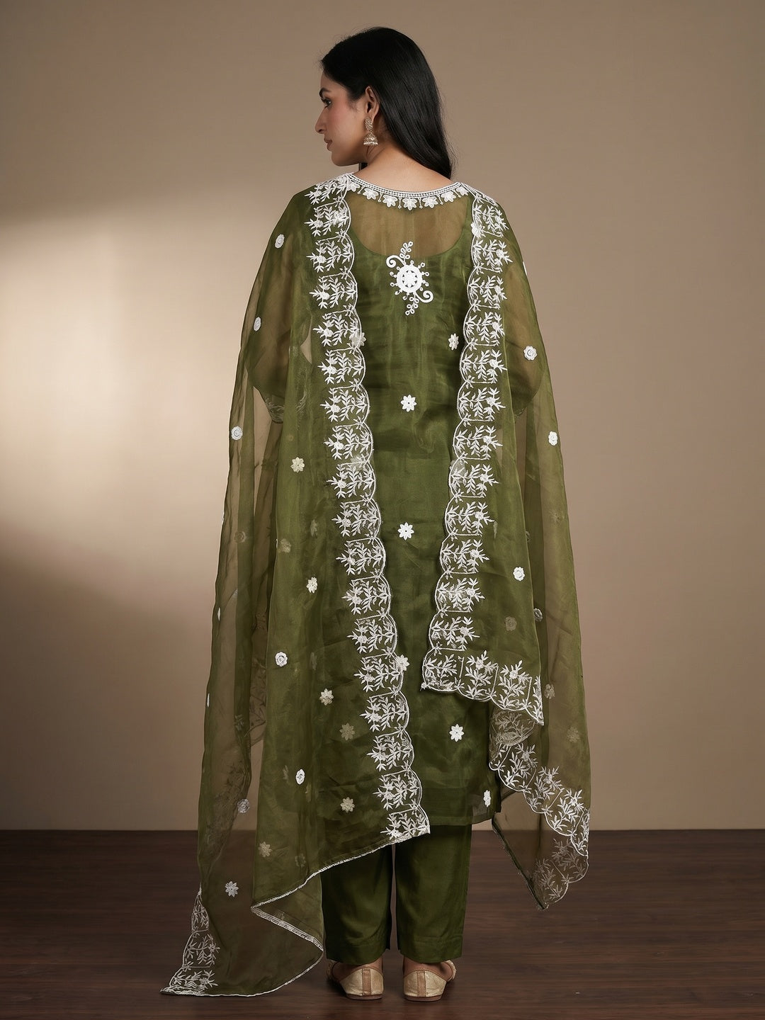 Mehendi Green Floral Embroidered Organza Dress Material - Image 3