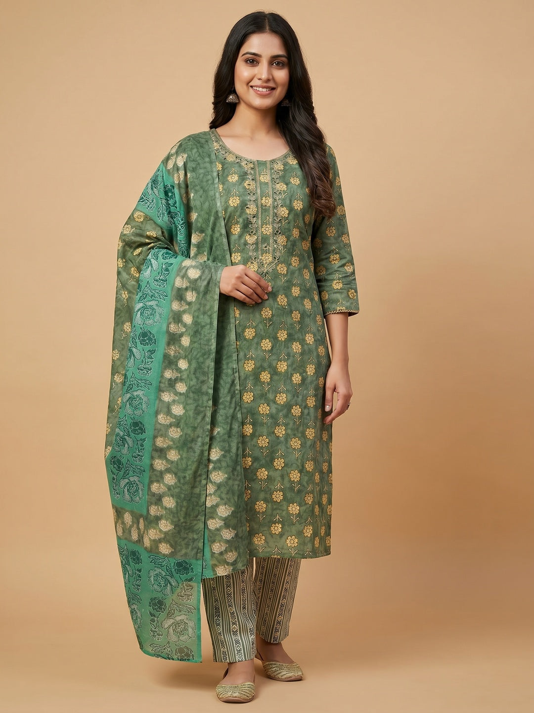Green Floral Printed Pure Cotton Dress Material - Image 1