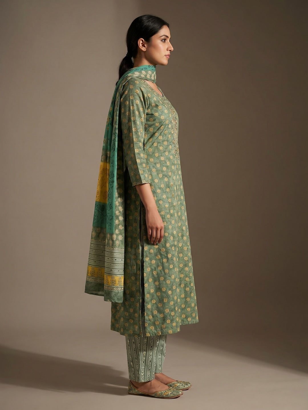 Green Floral Printed Pure Cotton Dress Material - Image 2