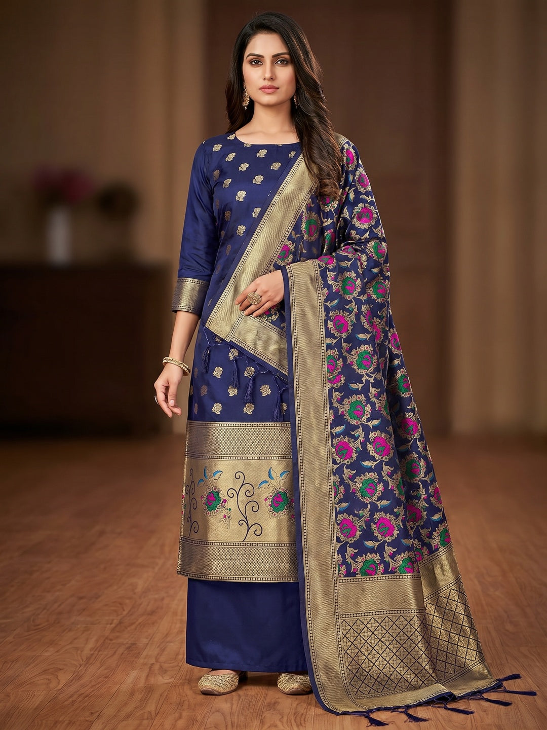 Navy Blue Floral Woven Banarasi Silk Dress Material - Image 1