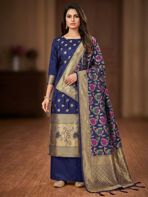 Navy Blue Floral Woven Banarasi Silk Dress Material - Image 1
