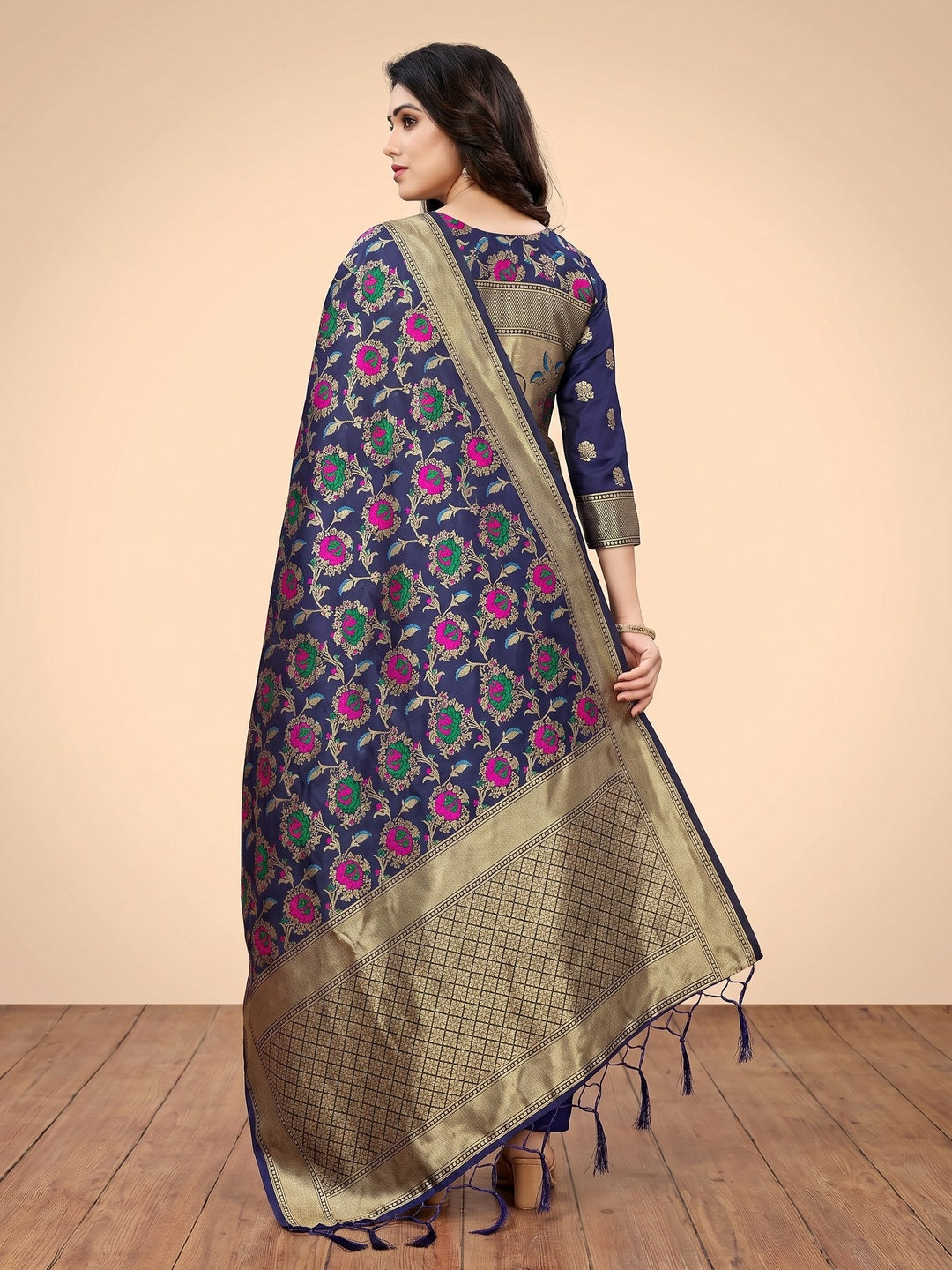 Navy Blue Floral Woven Banarasi Silk Dress Material - Image 2