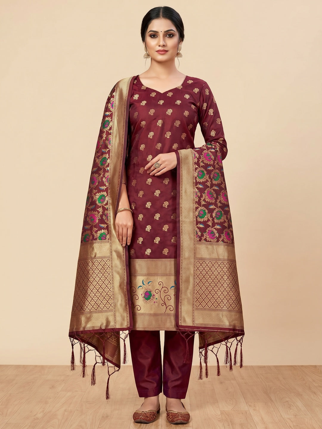 Maroon Floral Woven Banarasi Silk Dress Material - Image 1