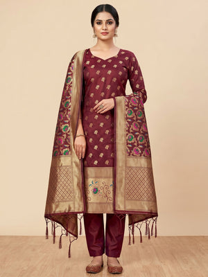 Maroon Floral Woven Banarasi Silk Dress Material - Image 1
