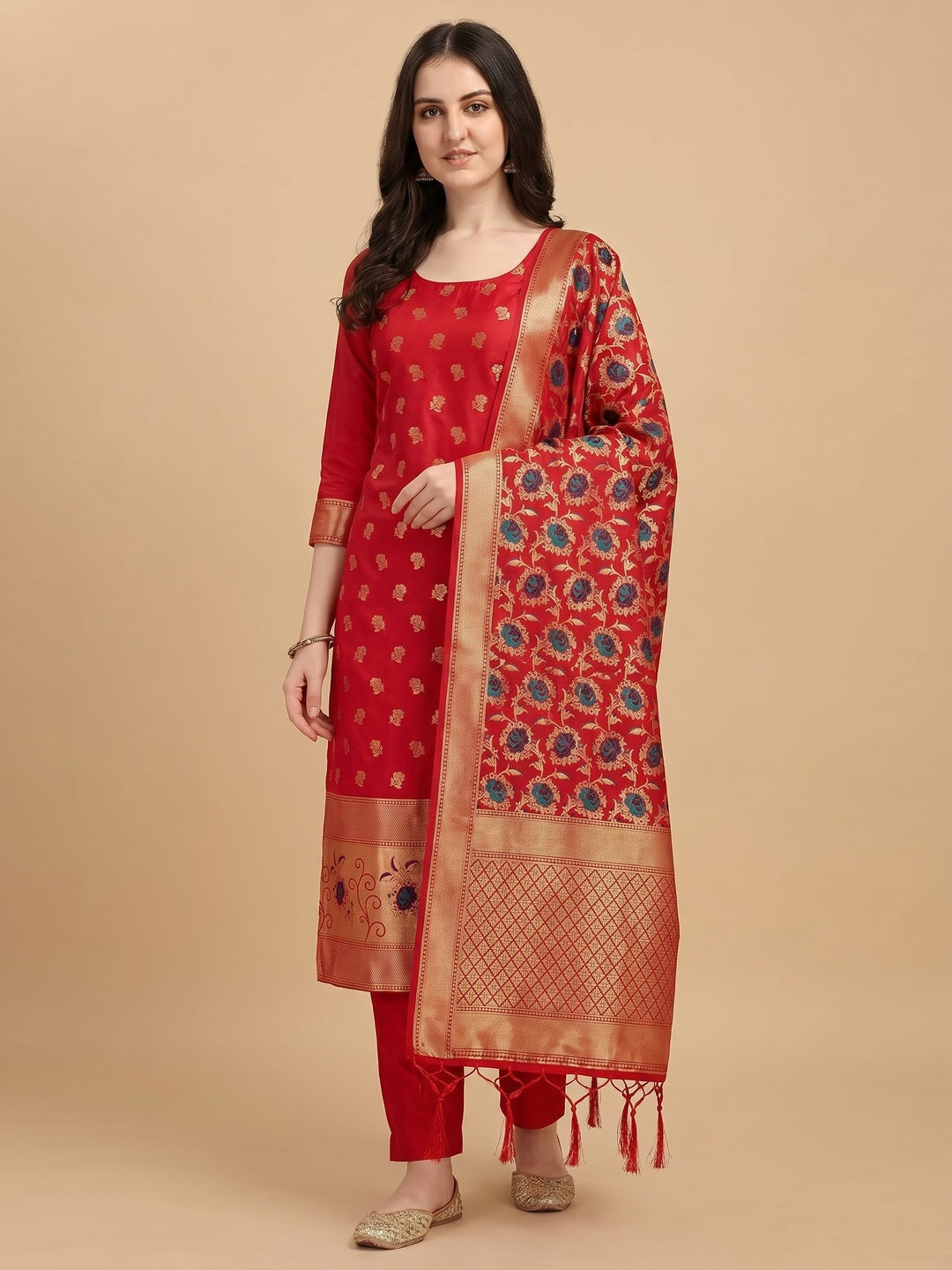 Red Floral Woven Banarasi Silk Dress Material - Image 1