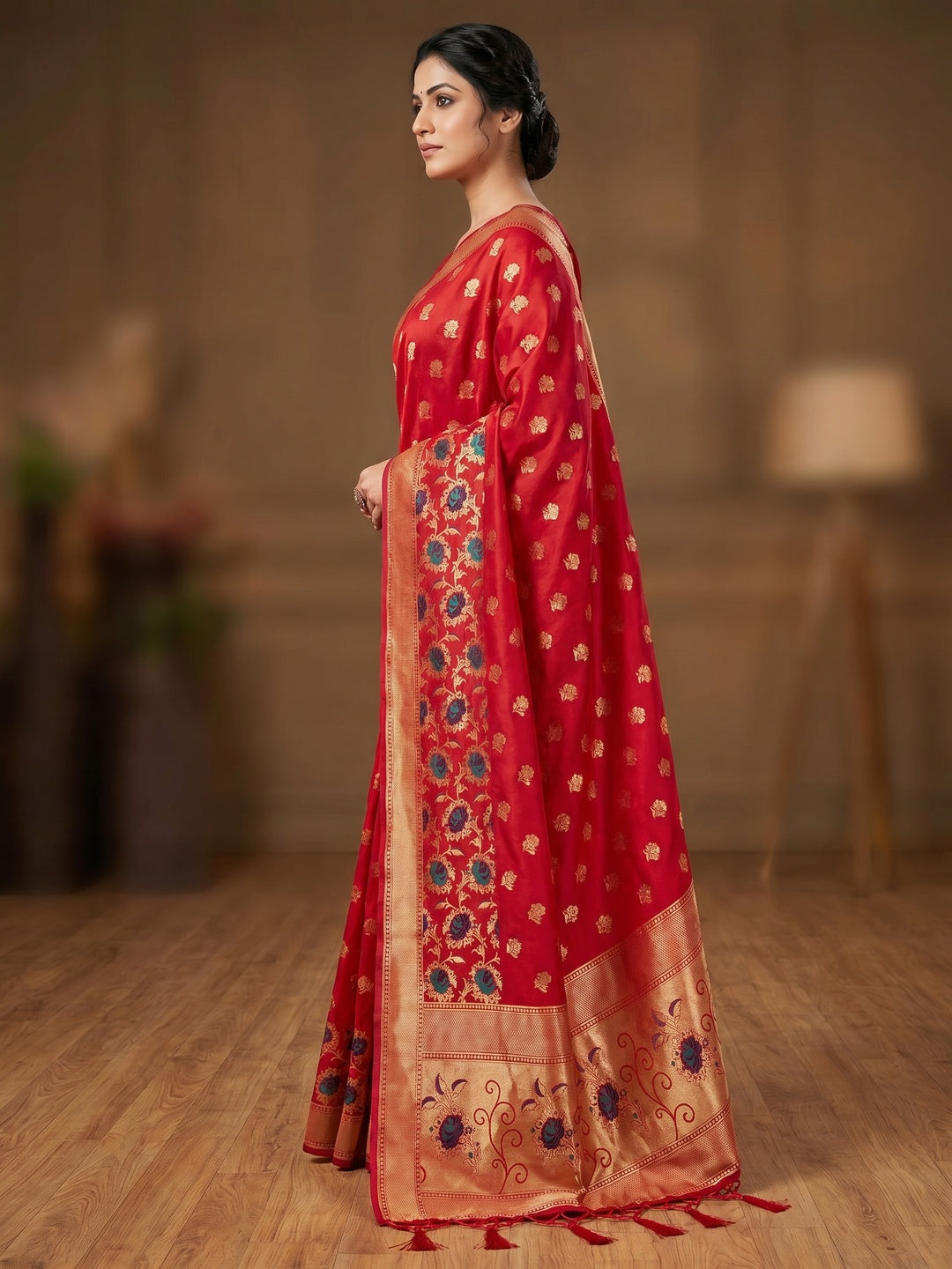 Red Floral Woven Banarasi Silk Dress Material - Image 3