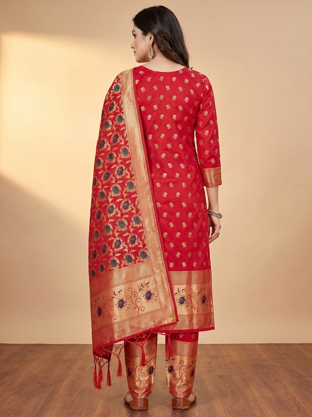 Red Floral Woven Banarasi Silk Dress Material - Image 2