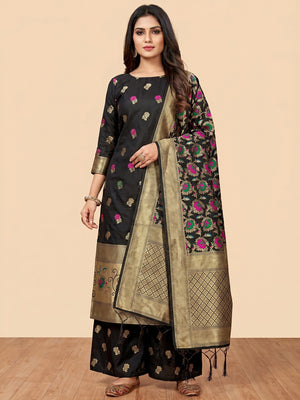 Black Floral Woven Banarasi Silk Dress Material - Image 1