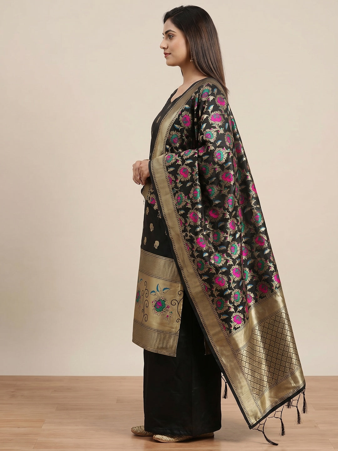 Black Floral Woven Banarasi Silk Dress Material - Image 2