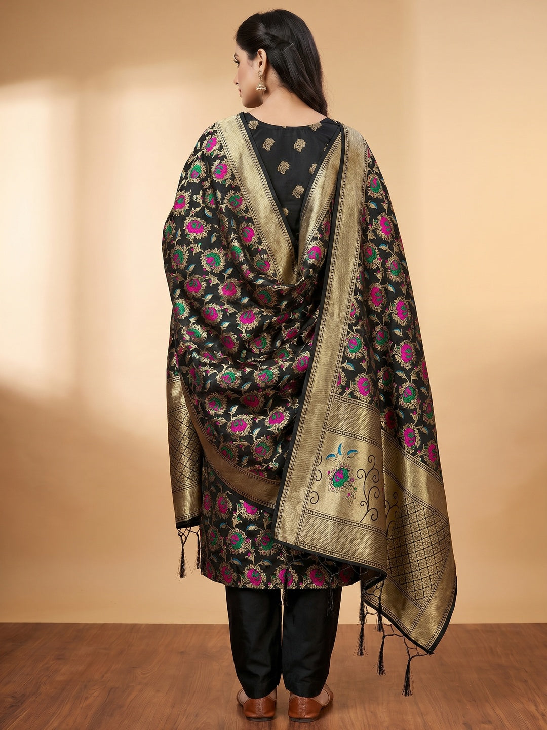 Black Floral Woven Banarasi Silk Dress Material - Image 3