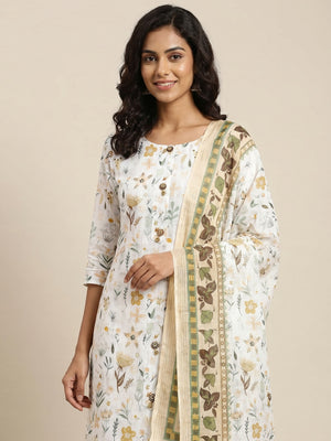 White Floral Printed Pure Cotton Dress Material - Image 1
