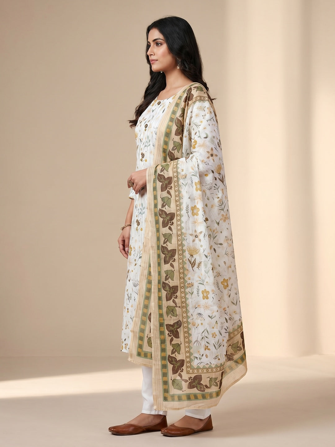 White Floral Printed Pure Cotton Dress Material - Image 3