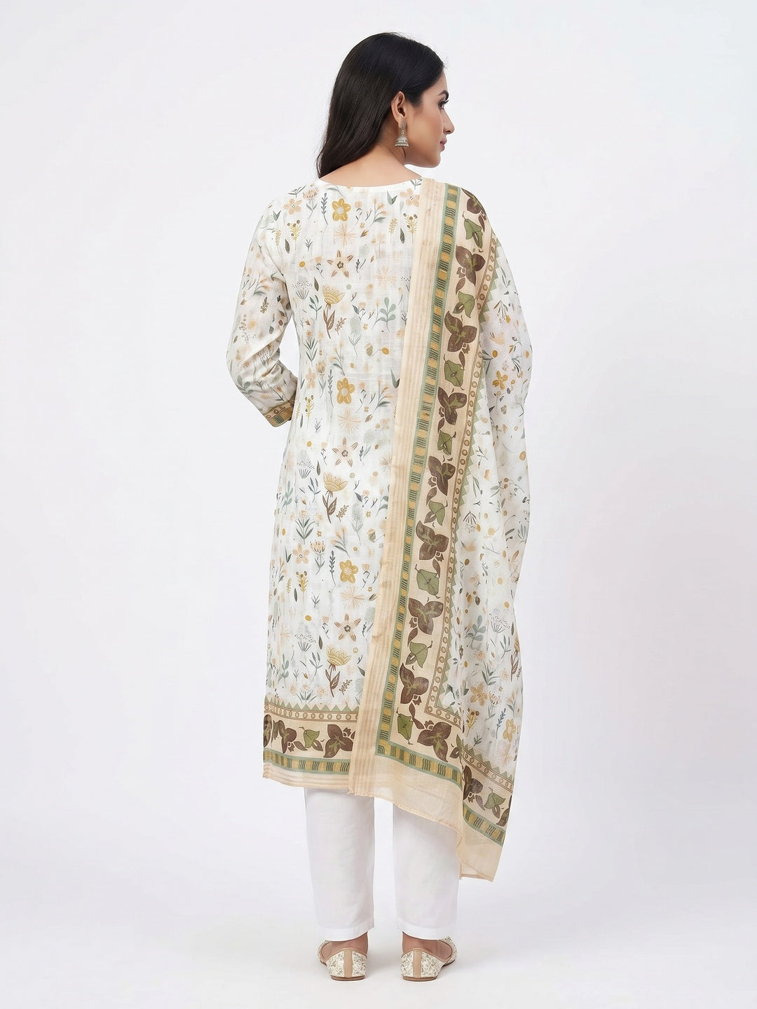 White Floral Printed Pure Cotton Dress Material - Image 2