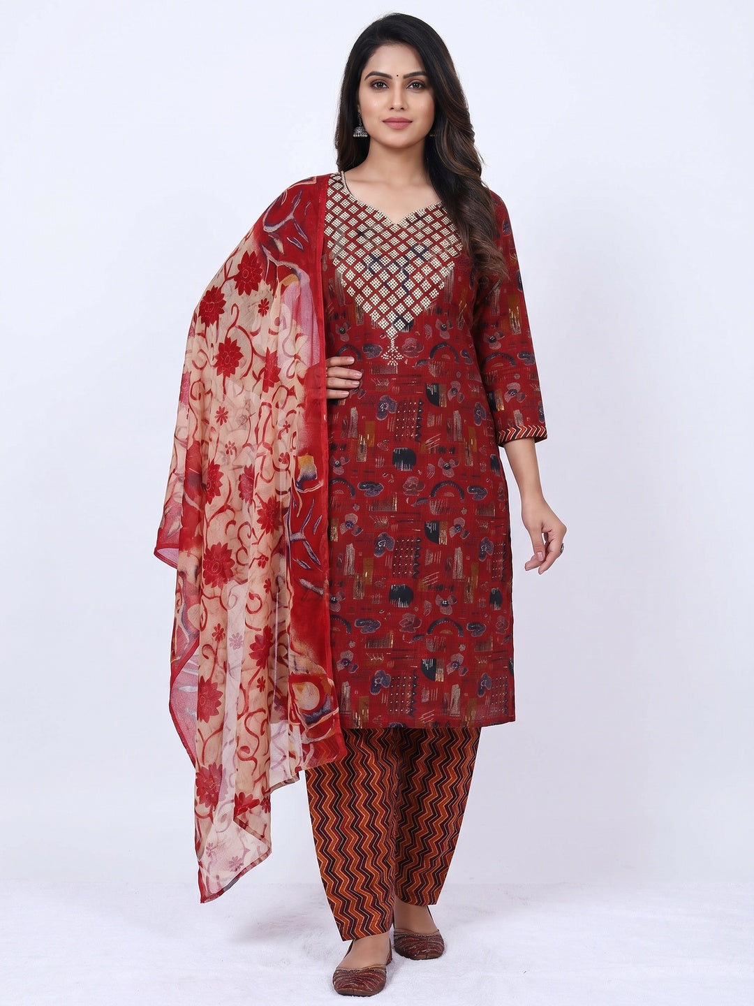 Maroon Floral Printed With Stone Work Yoke Pure Cotton Dress Material - Image 1
