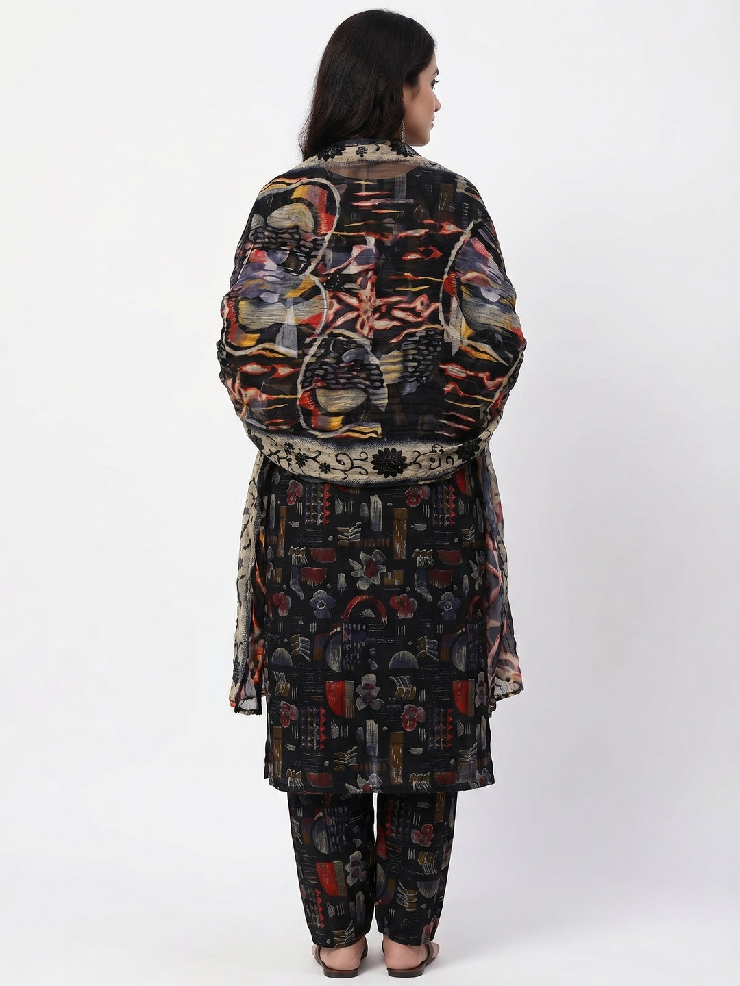 Black Floral Printed With Stone Work Yoke Pure Cotton Dress Material - Image 3