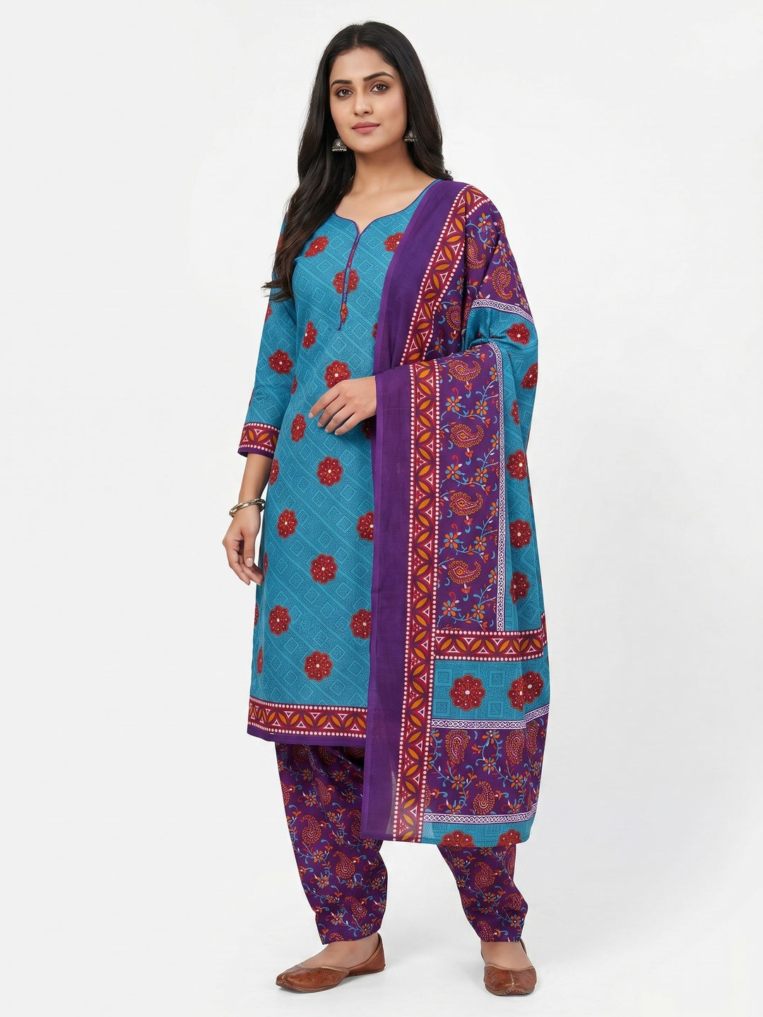 Blue Printed Pure Cotton Dress Material - Image 1