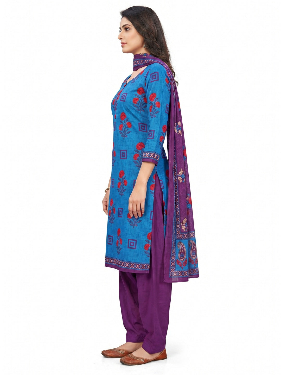Blue Printed Pure Cotton Dress Material - Image 3
