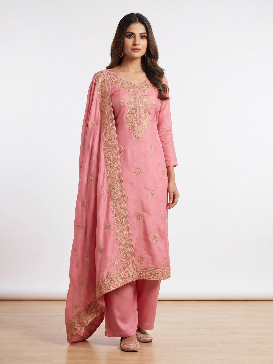 Pink Floral Embroidered Vichitra Silk Dress Material - Image 1