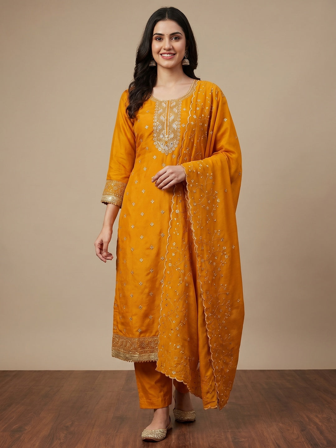 Mustard Floral Embroidered Vichitra Silk Dress Material - Image 1