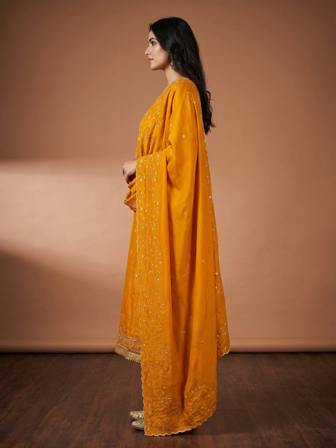 Mustard Floral Embroidered Vichitra Silk Dress Material - Image 2