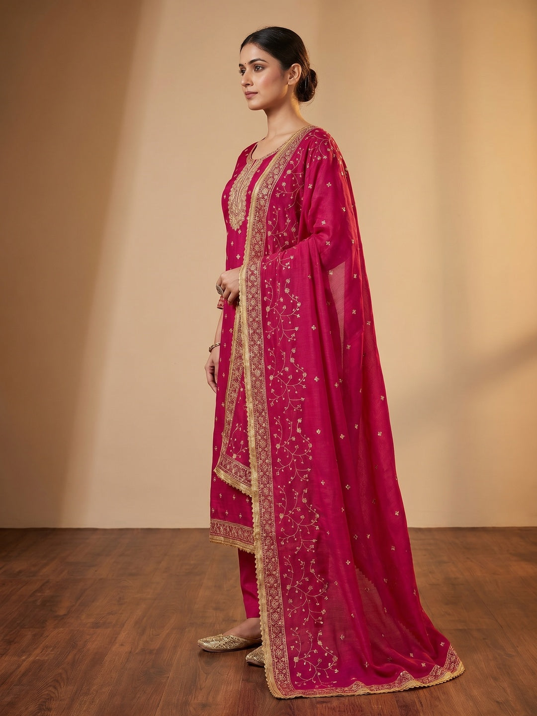Pink Floral Embroidered Vichitra Silk Dress Material - Image 3