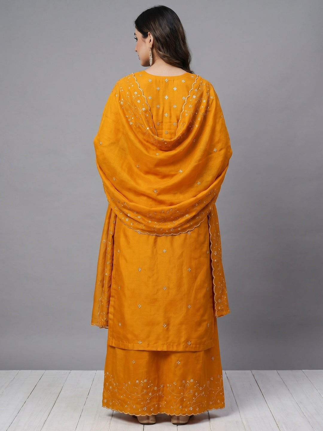 Mustard Floral Embroidered Vichitra Silk Dress Material - Image 3