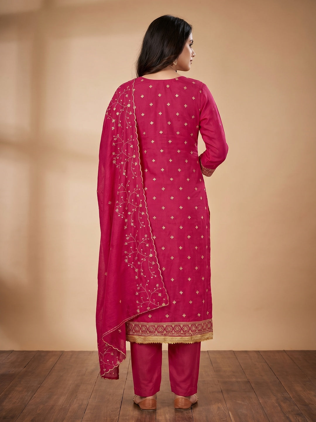 Pink Floral Embroidered Vichitra Silk Dress Material - Image 2