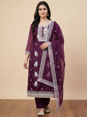 Purple Floral Embroidered Organza Dress Material - Image 1