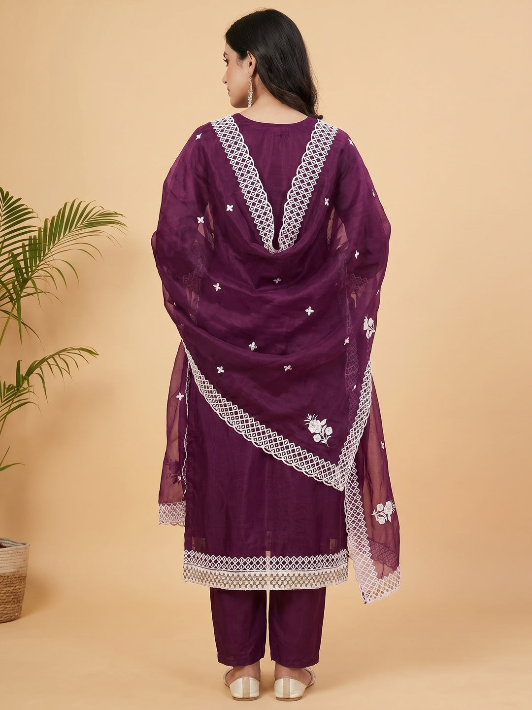 Purple Floral Embroidered Organza Dress Material - Image 3
