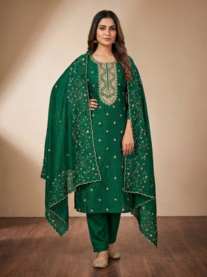 Green Floral Embroidered Vichitra Silk Dress Material - Image 1
